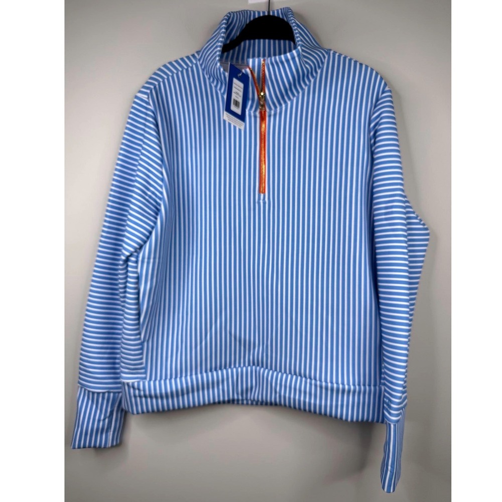 NWT Addison Bay Womens M Everyday Quarter Zip Pullover Blue Stripe Thumbholes